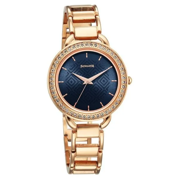 Đồng Hồ Nữ Sonata Wedding Quartz Analog Blue Dial Metal Strap Watch 87052WM02 Màu Xanh - Vàng Hồng