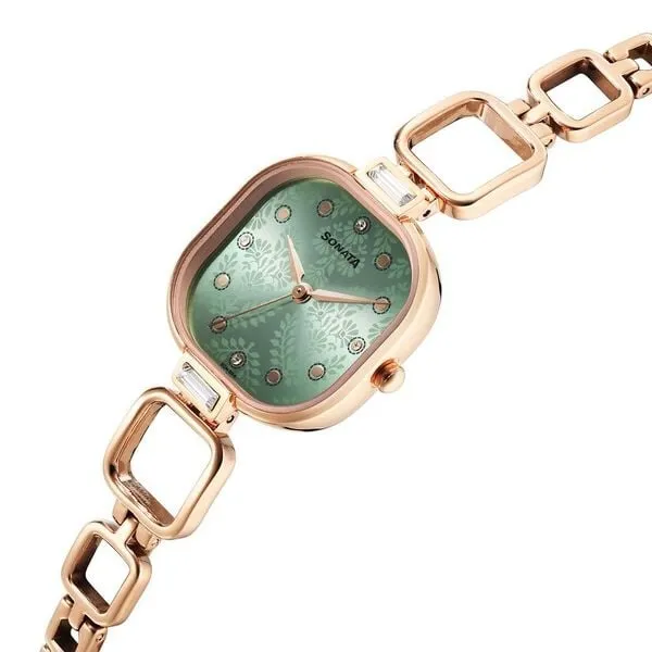 Đồng Hồ Nữ Sonata Wedding Quartz Analog Green Dial Metal Strap Watch 8186WM02 Màu Xanh - Vàng Hồng