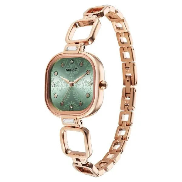 Đồng Hồ Nữ Sonata Wedding Quartz Analog Green Dial Metal Strap Watch 8186WM02 Màu Xanh - Vàng Hồng