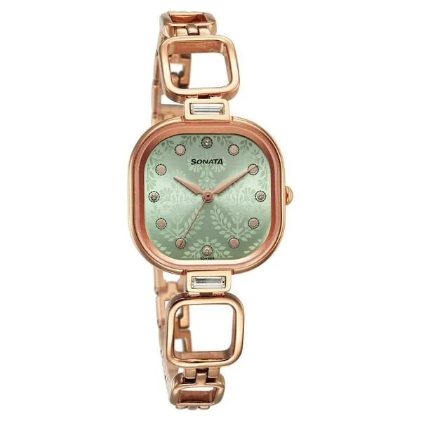 Đồng Hồ Nữ Sonata Wedding Quartz Analog Green Dial Metal Strap Watch 8186WM02 Màu Xanh - Vàng Hồng