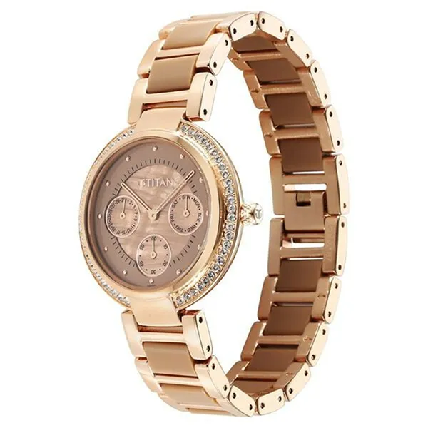 Đồng Hồ Nữ Titan Acetate Mother Of Pearl Quartz Multifunction Hybrid Strap Watch 95187KD03 Màu Nâu
