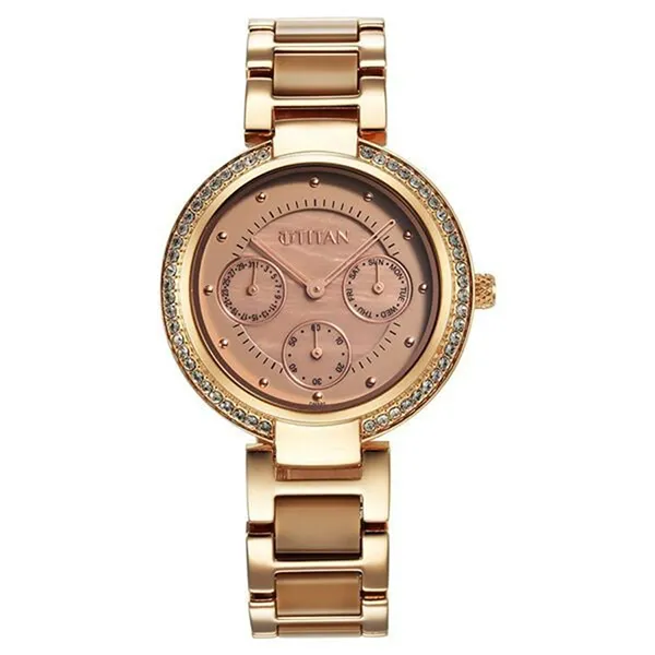 Đồng Hồ Nữ Titan Acetate Mother Of Pearl Quartz Multifunction Hybrid Strap Watch 95187KD03 Màu Nâu