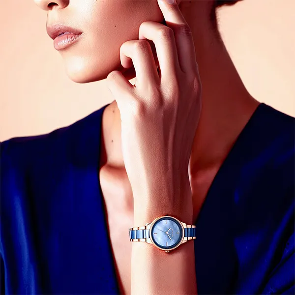 Đồng Hồ Nữ Titan Purple Ceramics Blue Dial Analog Watch 95213KD03 Màu Xanh Vàng Hồng