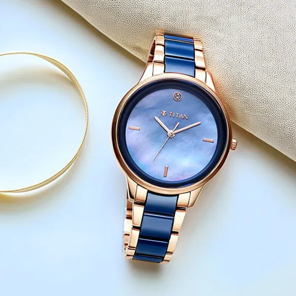 Đồng Hồ Nữ Titan Purple Ceramics Blue Dial Analog Watch 95213KD03 Màu Xanh Vàng Hồng