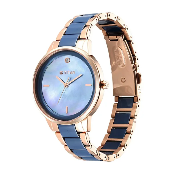 Đồng Hồ Nữ Titan Purple Ceramics Blue Dial Analog Watch 95213KD03 Màu Xanh Vàng Hồng