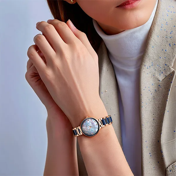 Đồng Hồ Nữ Titan Purple Ceramics Blue Dial Watch 95214KD05 Màu Xanh Vàng Hồng