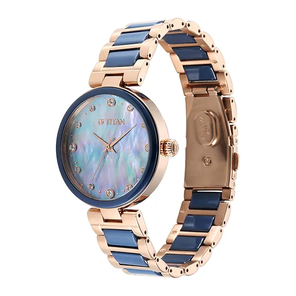 Đồng Hồ Nữ Titan Purple Ceramics Blue Dial Watch 95214KD05 Màu Xanh Vàng Hồng