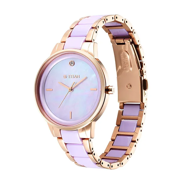 Đồng Hồ Nữ Titan Purple Ceramics Pink Dial Analog Watch 95213KD02 Màu Tím Vàng Hồng