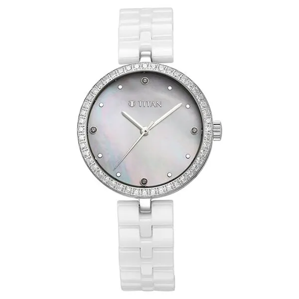 Đồng Hồ Nữ Titan Purple Ceramics Quartz Analog Mother Of Pearl Dial White Ceramic Strap 95215KC01 Màu Bạc