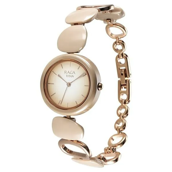 Đồng Hồ Nữ Titan Raga Ceramics Quartz Analog Beige Dial Metal Strap Watch 95146KD06 Màu Be