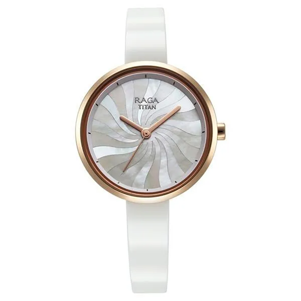 Đồng Hồ Nữ Titan Raga Memoirs Quartz Analog Mother Of Pearl Dial With White 95253KD01 Màu Trắng - Vàng Hồng