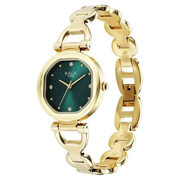 Đồng Hồ Nữ Titan Raga Showstopper Quartz Analog Green Dial Metal Strap Watch 95301YM01 Màu Xanh Vàng