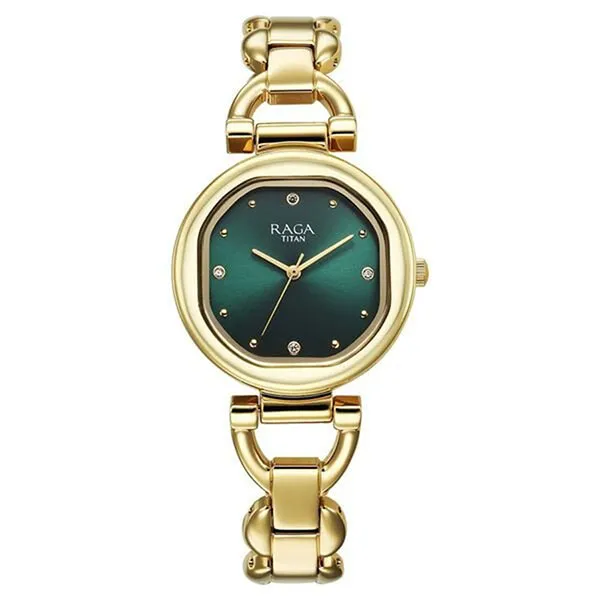 Đồng Hồ Nữ Titan Raga Showstopper Quartz Analog Green Dial Metal Strap Watch 95301YM01 Màu Xanh Vàng