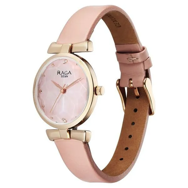 Đồng Hồ Nữ Titan Raga Showstopper Quartz Analog Pink Dial Leather Strap Watch 95308WL01 Màu Vàng Hồng