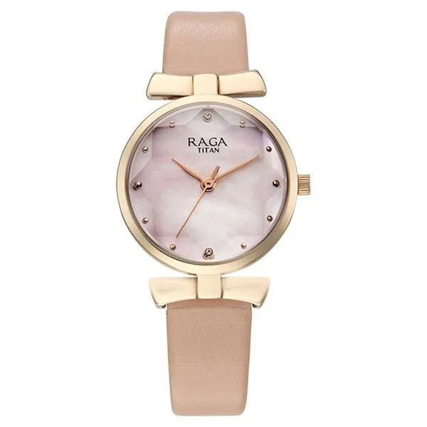 Đồng Hồ Nữ Titan Raga Showstopper Quartz Analog Pink Dial Leather Strap Watch 95308WL01 Màu Vàng Hồng