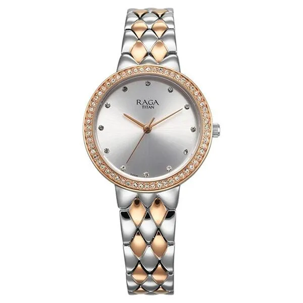 Đồng Hồ Nữ Titan Raga Showstopper Quartz Analog Silver Round Dial Two Toned Metal Strap Watch 95282KM01 Màu Bạc - Vàng Hồng