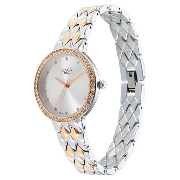 Đồng Hồ Nữ Titan Raga Showstopper Quartz Analog Silver Round Dial Two Toned Metal Strap Watch 95282KM01 Màu Bạc - Vàng Hồng