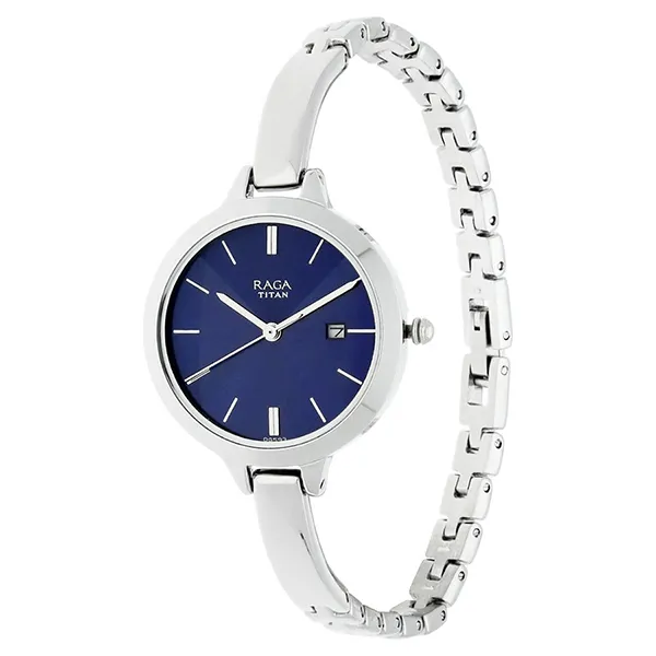 Đồng Hồ Nữ Titan Raga Viva Blue Dial Analog With Date Metal Strap Watch 2578SM01 Màu Xanh Bạc