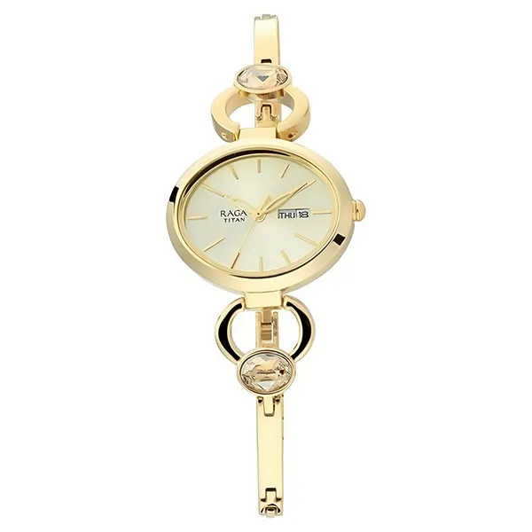 Đồng Hồ Nữ Titan Raga Viva Champagne Dial Analog With Day And Date Metal Strap Watch 2621YM01 Màu Vàng Gold