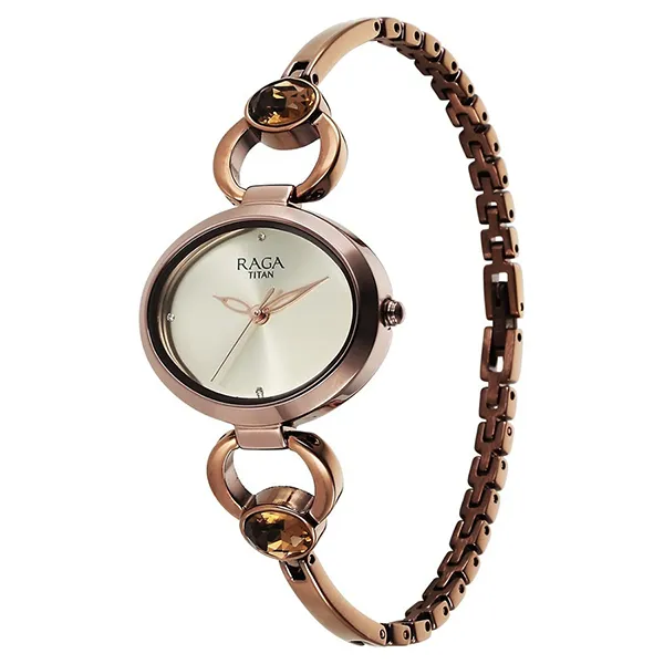 Đồng Hồ Nữ Titan Raga Viva Quartz Analog Champagne Dial Metal Strap Watch 2621QM02 Màu Nâu