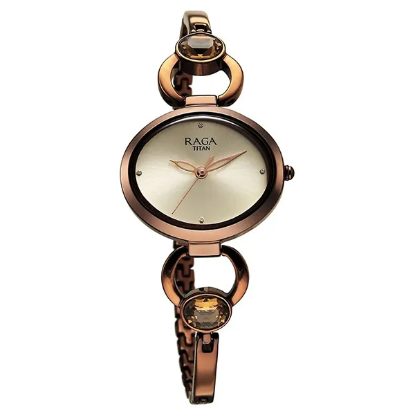 Đồng Hồ Nữ Titan Raga Viva Quartz Analog Champagne Dial Metal Strap Watch 2621QM02 Màu Nâu