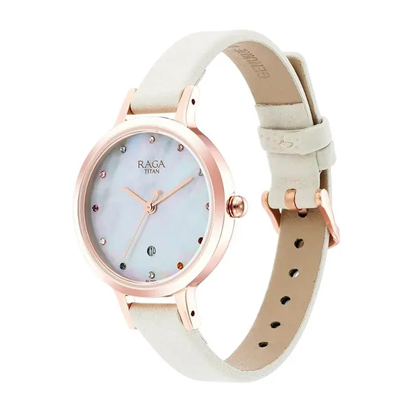 Đồng Hồ Nữ Titan Raga Viva Quartz Analog With Date Mother Of Pearl Dial 2666WL03 Màu Trắng/ Vàng Hồng
