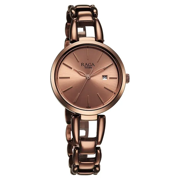 Đồng Hồ Nữ Titan Raga Viva Quartz Analog with Date Rose Gold Dial Brown Metal Strap Watch 2642QM01 Màu Nâu