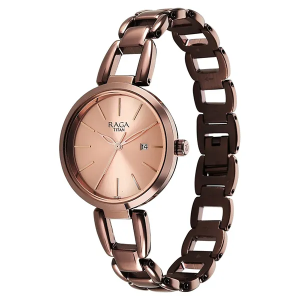 Đồng Hồ Nữ Titan Raga Viva Quartz Analog with Date Rose Gold Dial Brown Metal Strap Watch 2642QM01 Màu Nâu