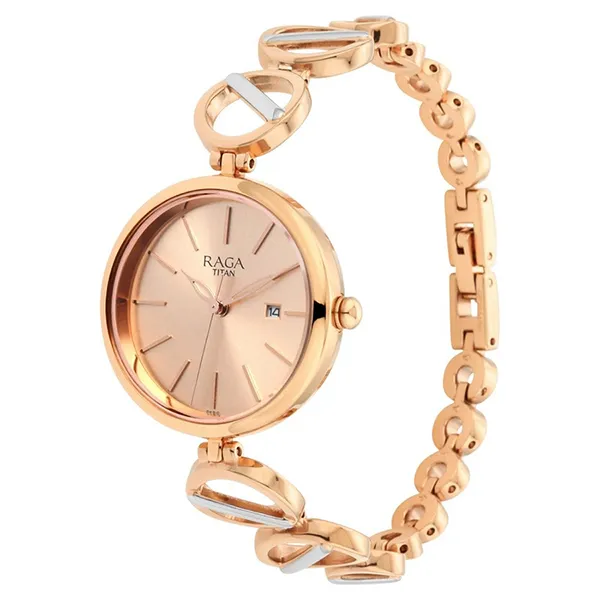 Đồng Hồ Nữ Titan Raga Viva Quartz Analog With Day And Date Rose Gold Dial Two Toned Metal Strap Watch 2644KM02 Màu Vàng Hồng