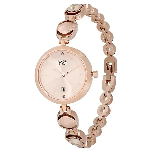 Đồng Hồ Nữ Titan Raga Viva Rose Gold Dial Analog With Date Metal Strap Watch 2606WM02 Màu Vàng Hồng
