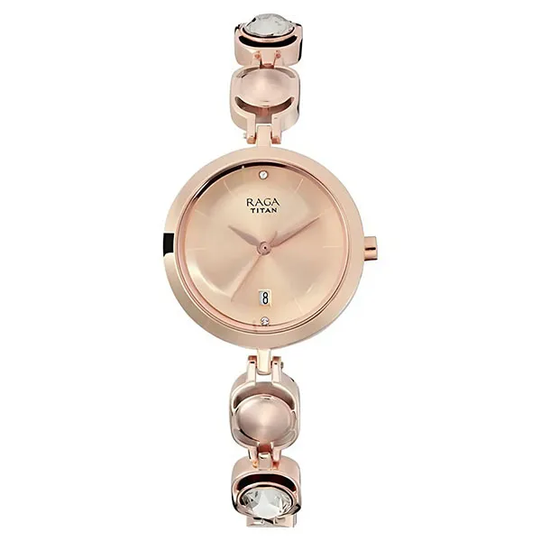 Đồng Hồ Nữ Titan Raga Viva Rose Gold Dial Analog With Date Metal Strap Watch 2606WM02 Màu Vàng Hồng
