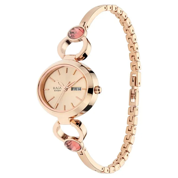 Đồng Hồ Nữ Titan Raga Viva Rose Gold Dial Analog with Day and Date Metal Strap Watch 2621WM01 Màu Vàng Hồng