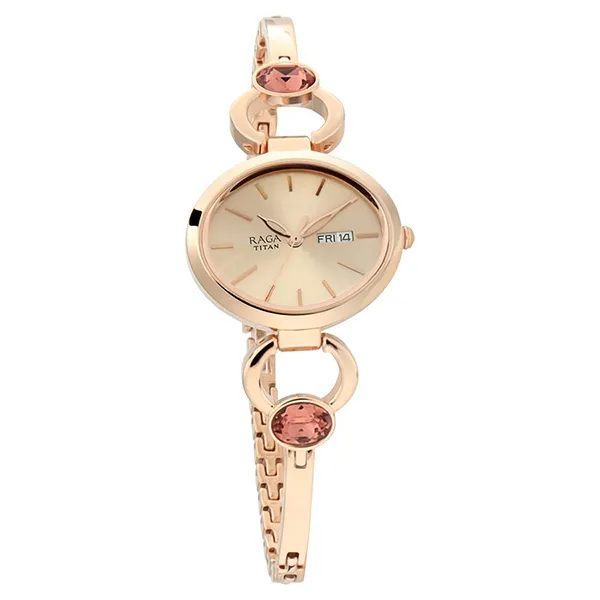 Đồng Hồ Nữ Titan Raga Viva Rose Gold Dial Analog with Day and Date Metal Strap Watch 2621WM01 Màu Vàng Hồng