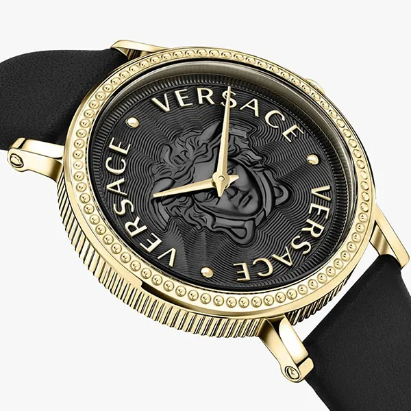Đồng Hồ Nữ Versace V Dollar Leather Watch 37mm VEQX00422 Màu Đen