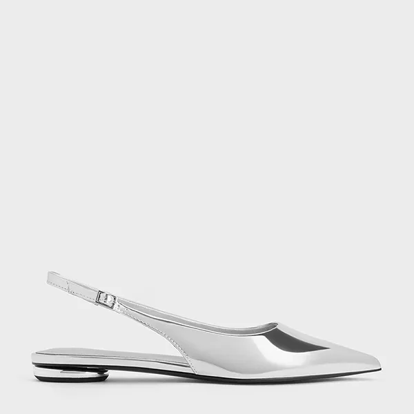 Giày Bệt Nữ Charles & Keith CNK Patent Pointed-Toe Slingback Flats Silver CK1-70381020 Màu Bạc Size 38