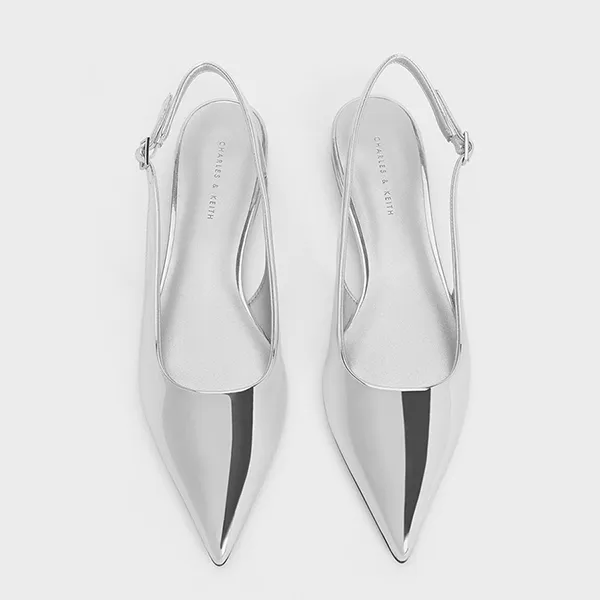Giày Bệt Nữ Charles & Keith CNK Patent Pointed-Toe Slingback Flats Silver CK1-70381020 Màu Bạc Size 38