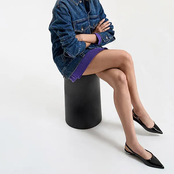 Giày Bệt Nữ Charles & Keith CNK Patent Pointed-Toe Slingback Flats Black CK1-70381020 Màu Đen