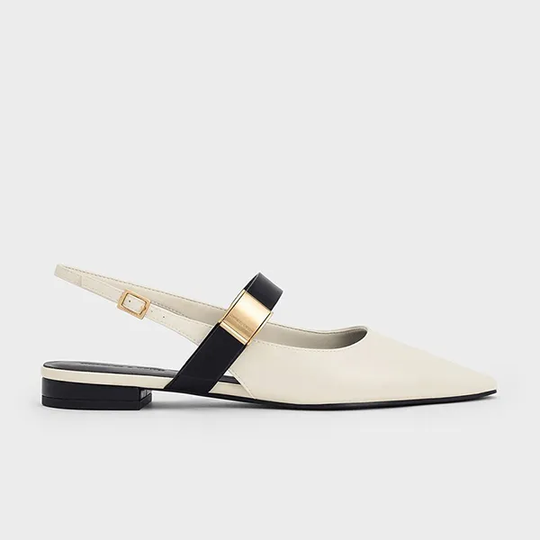 Giày Bệt Nữ Charles & Keith CNK Yvette Pointed Toe Mary Jane Flats Chalk CK1-70381086 Màu Trắng Ngà