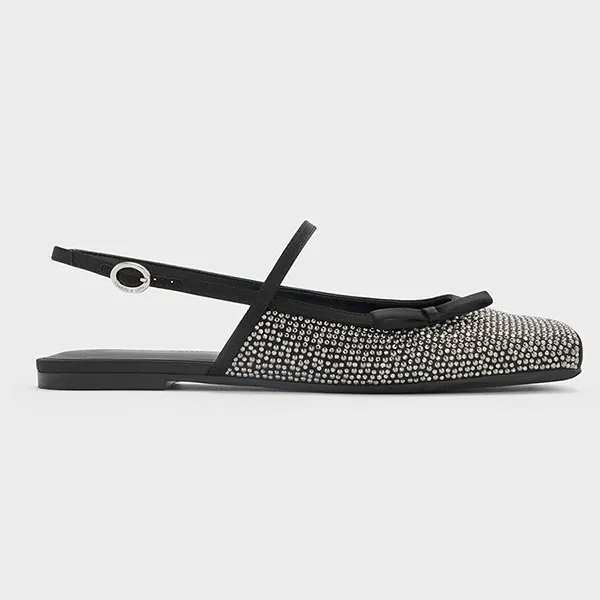 Giày Búp Bê Nữ Charles & Keith CNK Crystal-Embellished Bow Slingback Mary Jane Flats Black Textured CK1-70381120-1 Màu Đen Size 36