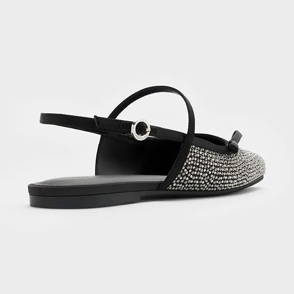 Giày Búp Bê Nữ Charles & Keith CNK Crystal-Embellished Bow Slingback Mary Jane Flats Black Textured CK1-70381120-1 Màu Đen Size 36