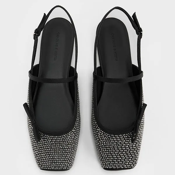 Giày Búp Bê Nữ Charles & Keith CNK Crystal-Embellished Bow Slingback Mary Jane Flats Black Textured CK1-70381120-1 Màu Đen Size 36