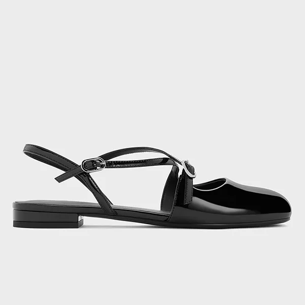 Giày Nữ Charles & Keith CNK Patent Crossover Buckled Slingback Flats Black Patent CK1-70920177_BLKPAT Màu Đen