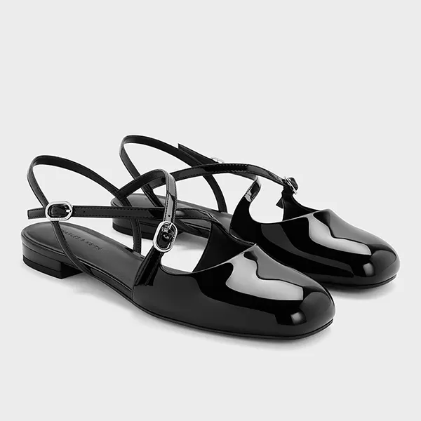 Giày Nữ Charles & Keith CNK Patent Crossover Buckled Slingback Flats Black Patent CK1-70920177_BLKPAT Màu Đen