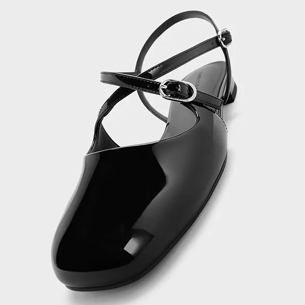 Giày Nữ Charles & Keith CNK Patent Crossover Buckled Slingback Flats Black Patent CK1-70920177_BLKPAT Màu Đen
