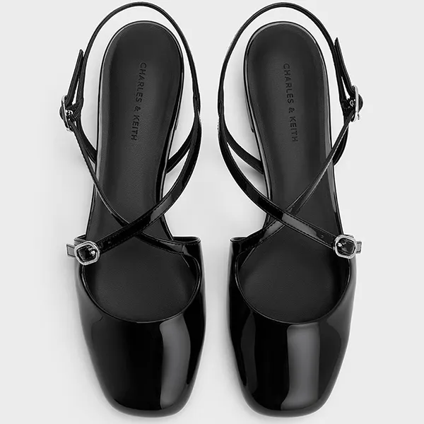 Giày Nữ Charles & Keith CNK Patent Crossover Buckled Slingback Flats Black Patent CK1-70920177_BLKPAT Màu Đen