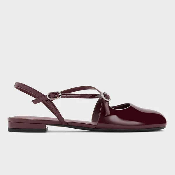 Giày Nữ Charles & Keith CNK Patent Crossover Buckled Slingback Flats Burgundy CK1-70920177_BURGUN Màu Đỏ Mận