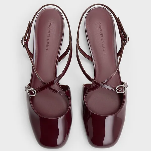 Giày Nữ Charles & Keith CNK Patent Crossover Buckled Slingback Flats Burgundy CK1-70920177_BURGUN Màu Đỏ Mận