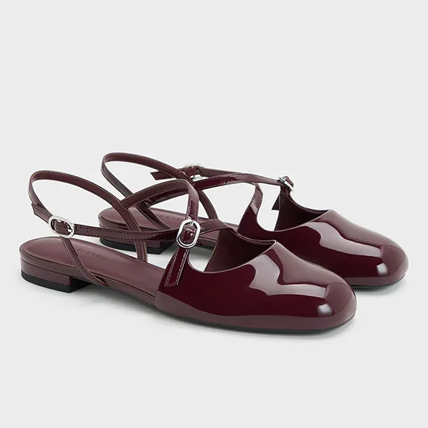 Giày Nữ Charles & Keith CNK Patent Crossover Buckled Slingback Flats Burgundy CK1-70920177_BURGUN Màu Đỏ Mận