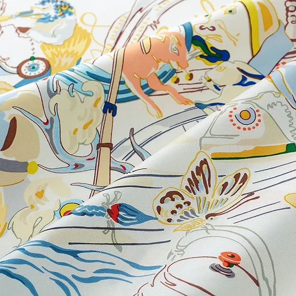 Khăn Lụa Nữ Hermès Carré 90 Emile Et Une Nuit Blanc/Bleu Jean /Jaune Phối Màu