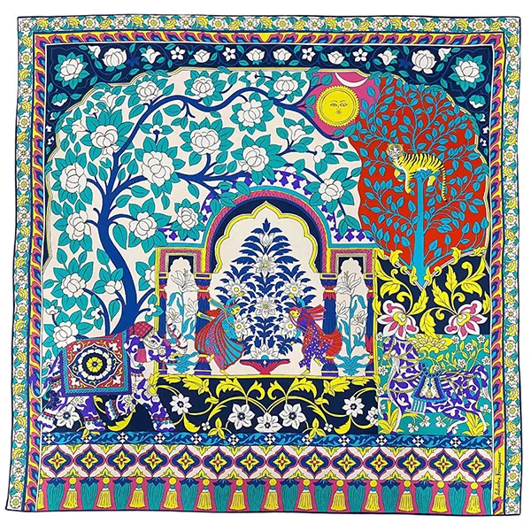 Khăn Lụa Nữ Salvatore Ferragamo Rajastan Silk Graphic-print Scarf 90x90cm Màu Xanh Phối Vàng - Thời trang - Vua Hàng Hiệu